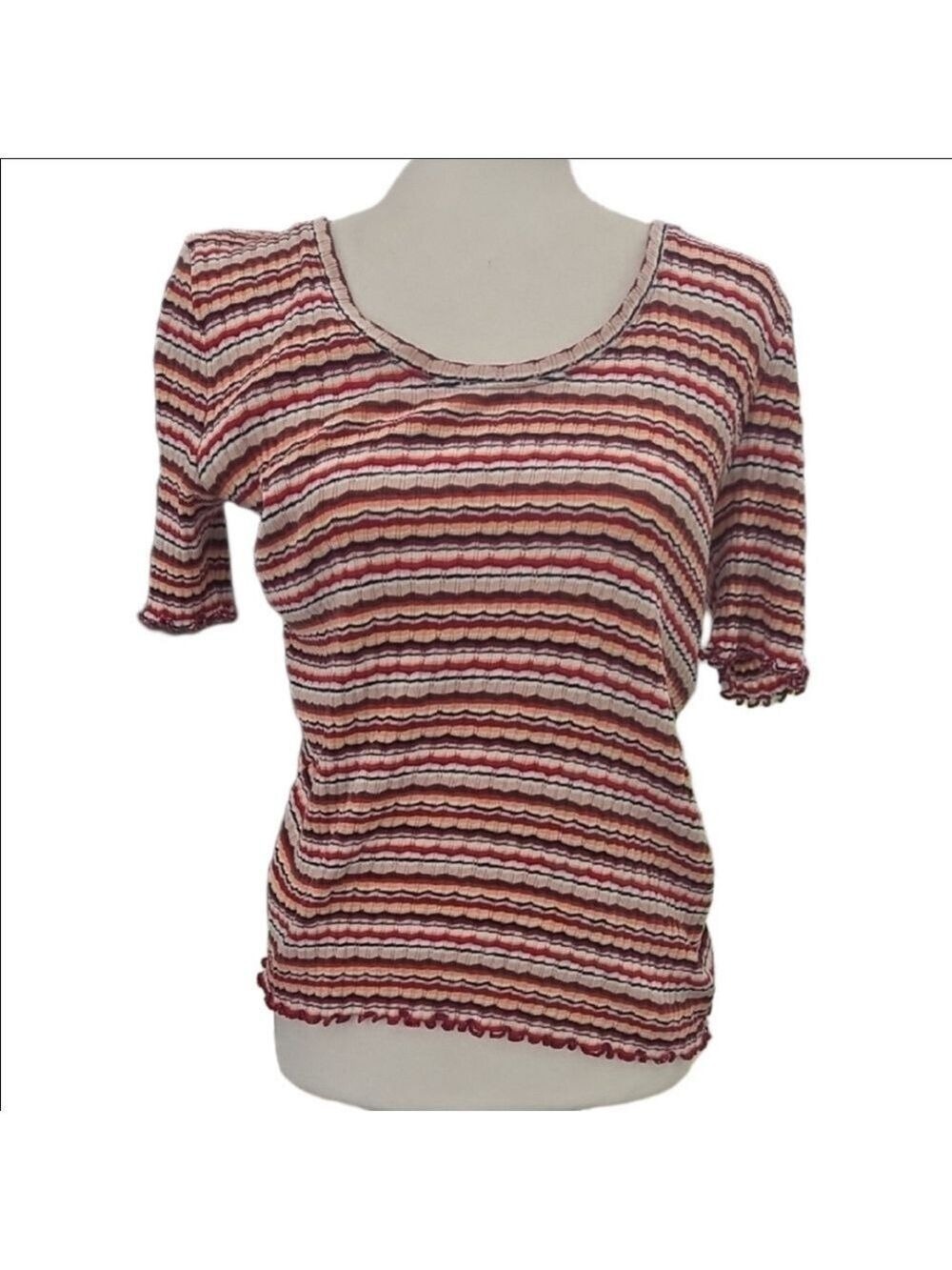 LOFT Red Cream Striped Short Sleeve Top XL